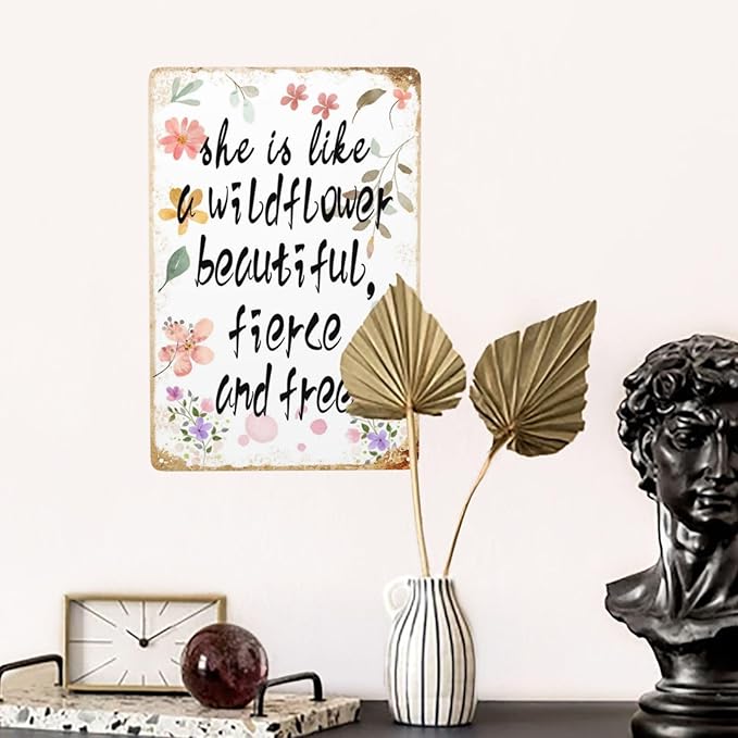 Wildflower Decor Vintage Metal Tin Signs She Is Like A Wildflower Beautiful Fierce And Free Baby Shower Decorations Wall Art 8X12 Inche
