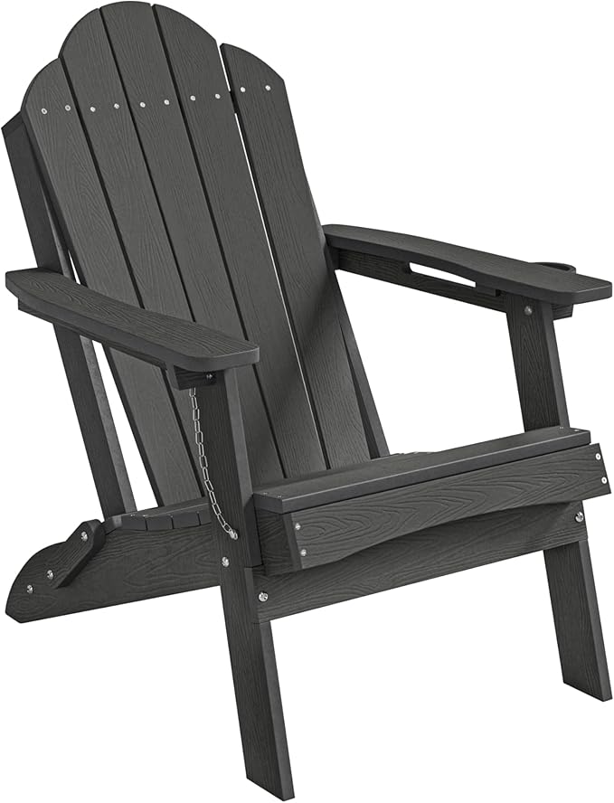 LUE BONA Folding Adirondack Chair, Adirondack Chairs Set of 2, Cup Holder, Woodgrain, Fire Pit, Patio, Pool, Black