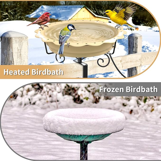 Heated Bird Bath for Deck Railing, Powerful 100W Thermostatically Controlled Heated Bird Baths for Outdoors for Winter, Heated Birdbath Water Heater for Outside Garden Yard Patio Lawn (Khaki)
