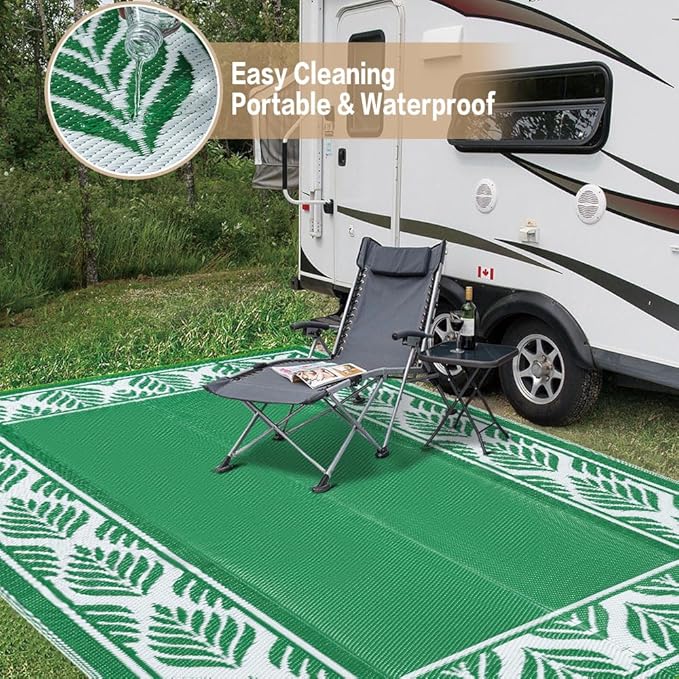 HUGEAR 8x10 Patio Waterproof Outdoor Rug Outrside Camping Carpet RV Area Rug Reversible Green Rugs for Deck Entryance Porch Picnic Balcony Beach