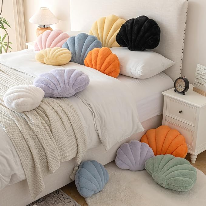 Shell Pillow, Seashell Throw Pillow with Soft Rabbit Plush for Couch Bed, Shell Shaped Decorative Ocean Pillow Stylish Beach Cushion Room Aesthetic Home Decor (Lavender Purple, 18 X 13 Inches)