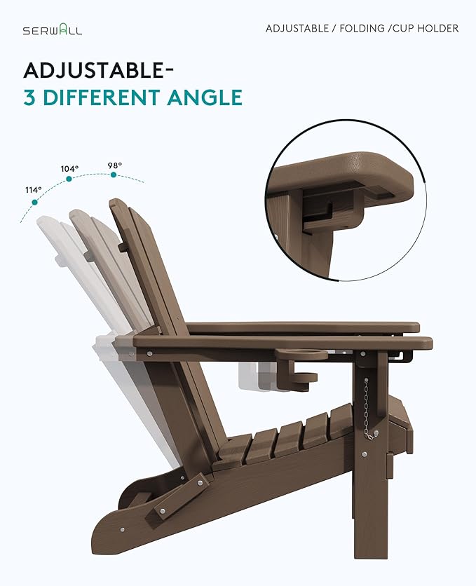 SERWALL Folding Adirondack Chair Set of 6, Adjustable Adirondack Chair with 3 Recline Positions, All Weather HDPE Outdoor Adirondack with Cup Holders, Coffee