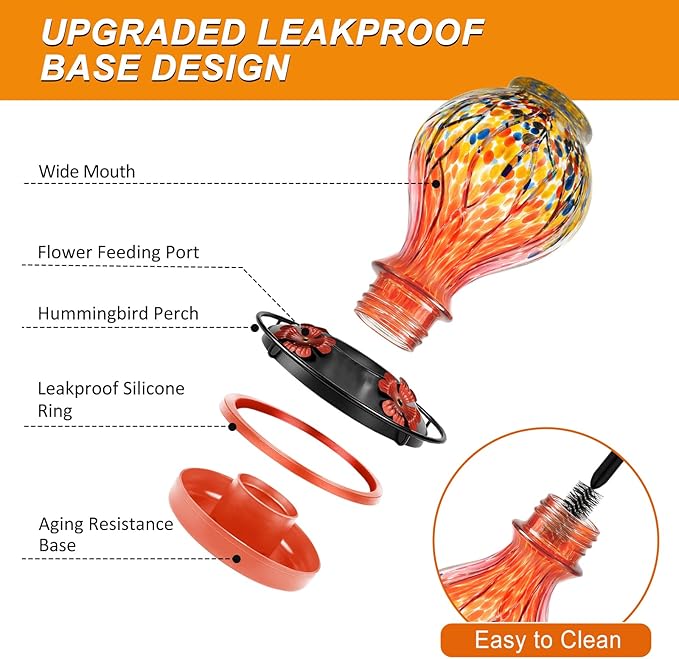 Hummingbird Feeders for Outdoors – Blown Glass Hanging Hummingbird Feeder with Ant Moat, 28 Ounces Large Capacity,Leakproof Wide Mouth, Decorative Bird Feeder for Garden, Yard, Patio, or Window