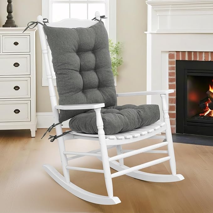 Lokex Rocking Chair Cushion 4 Inch Extra Thick, Cushions for Rocking Chairs Set of Seat and Back with Ties, Linen Fabric Indoor Outdoor Rocker, 17x21 & 17x17 Inches (Dark Grey)