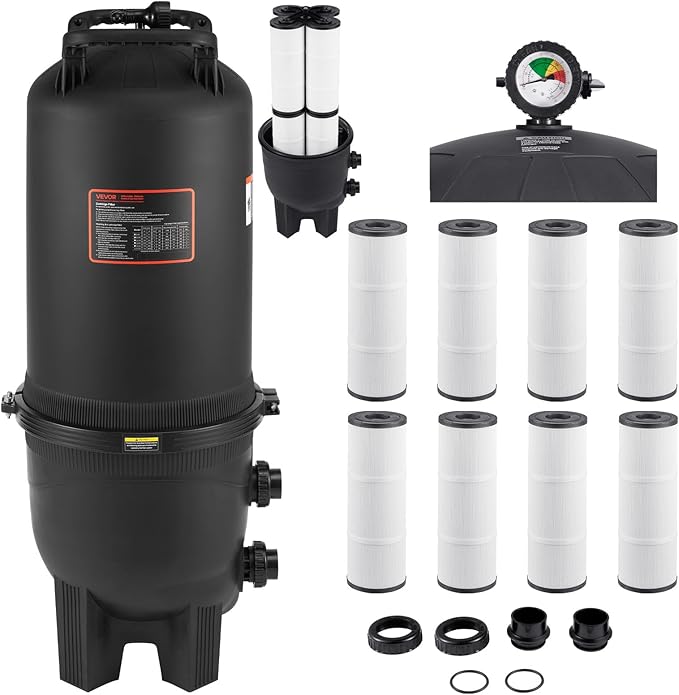 VEVOR 2025 Pro Cartridge Pool Filter Tank & Element, Large 725Sq. Ft Filtration Cleaning System for Pools | Compatible with Pumps 3 HP to 5.5 HP | Up to 9510-21207GPH | for Pools Up to 317006 Gallons