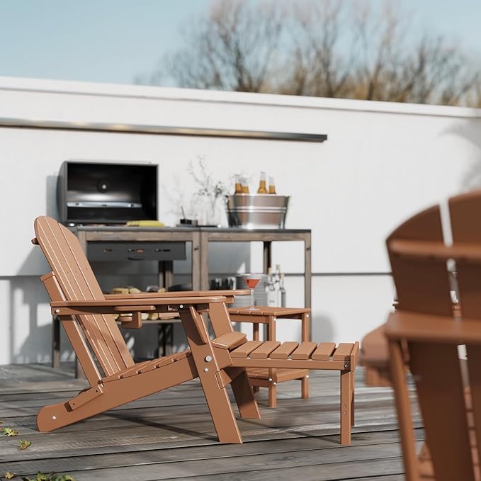 GREENVINES Adjustable Adirondack Chair with Retractable Ottoman Set of 4 | Folding | HDPE Plastic | Fire Pit Chairs w/Foot Rest | 2 Cup Holders | Teak | for Outdoor Patio Poolside Deck