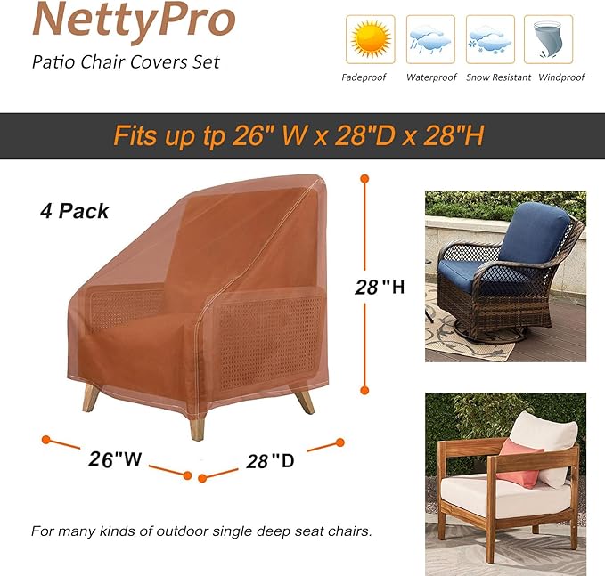 NettyPro Patio Chair Covers for Outdoor Furniture 4 Pack, Waterproof Heavy Duty Lawn Patio Furniture Cover Deep Seat Dining Chair Covers Small, 28W x 30D x 28H inches, Brown