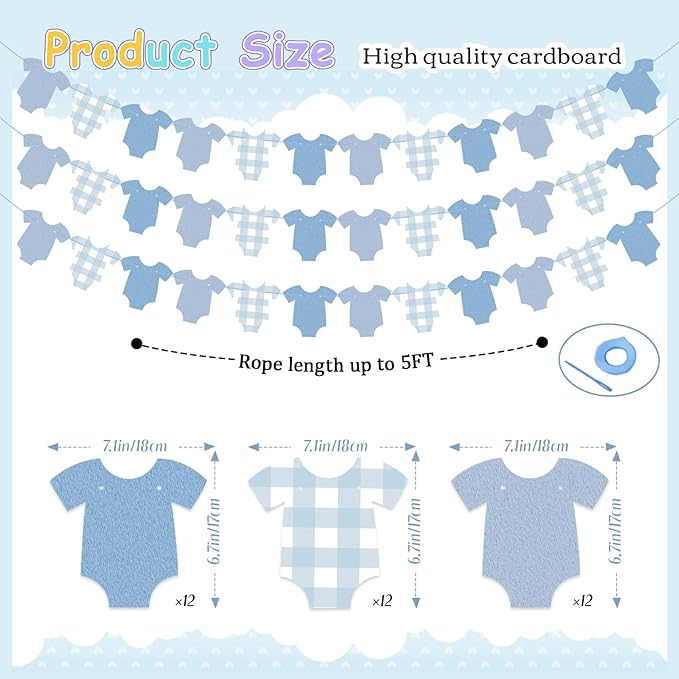 Blue Bodysuit Decoration Banner, Blue Gingham Party Decorations, Baby Shower Party Supplies Birthday Banner Decor for Boys Girls Baby Shower Decorations