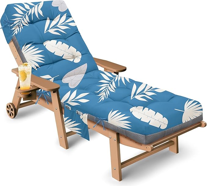Outdoor Chaise Lounge Chair Cushion, 71 x 22 x 4.7 Inches Waterproof Chaise Lounge Cushions Replacement for Outdoor Furniture, Thickened Non-Slip Patio Lounge Chair Cushions, Blue Leaves
