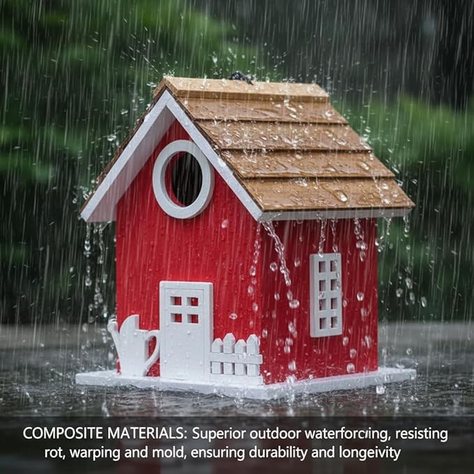 Vinyl Water Proof Bird House for Outside, Shingle Roof Bluebird House Nesting Box, Squirrel Proof Hanging Birdhouse, 5 Years Weatherable for Outdoor Decoration,Bird Box for Pole (Red)