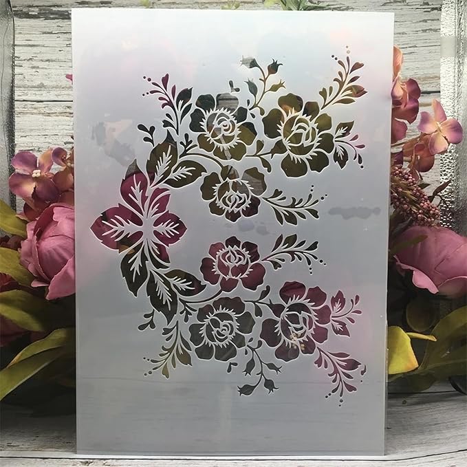 TIAMECH A4 Reusable Rose Branch Stencil for Painting - Flower Leaves Layering Template, DIY Wall Art, Wood Furniture, Scrapbook & Crafts (8.3x11.7inch)