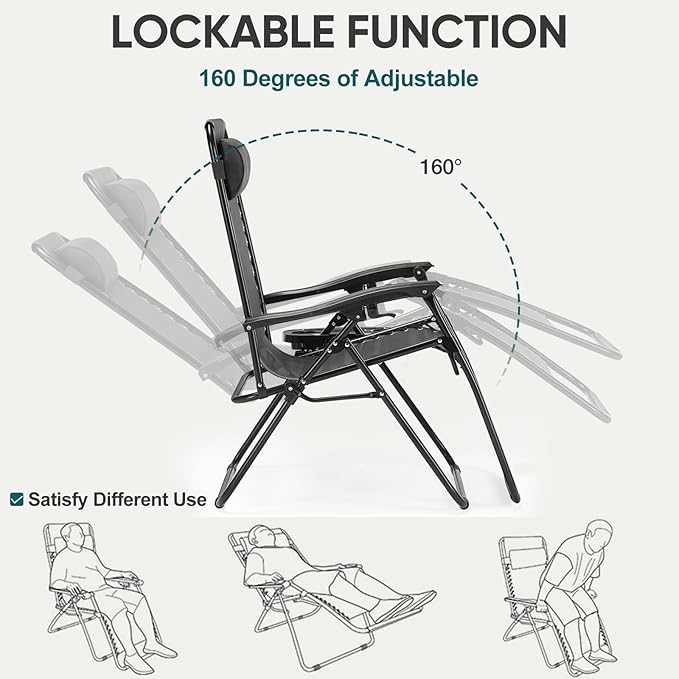 NEWBULIG Zero Gravity Chair Set of 2, Lounge Chair Folding Portable Adjustable Camping Reclining Chairs with Adjustable Pollow, Mesh Back, Cup Holder Trays Lawn Patio Chair for Pool Beach