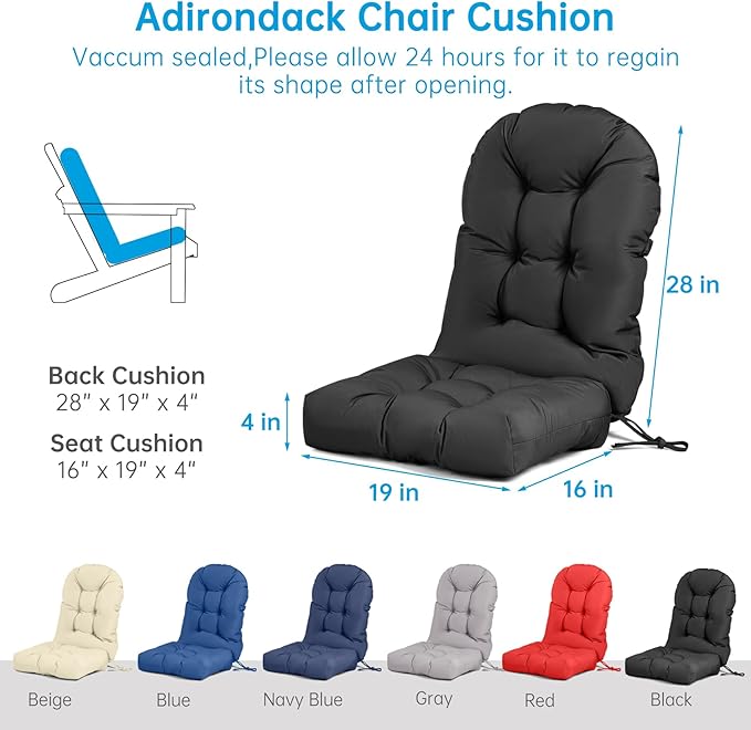 Adirondack Chair Cushion Waterproof Rocking Chair Cushion, Tufted High Back Patio Chair Cushions with Anti-Slip Ties for Rocking Chairs,Adirondack Chair,Patio Furniture (Black)
