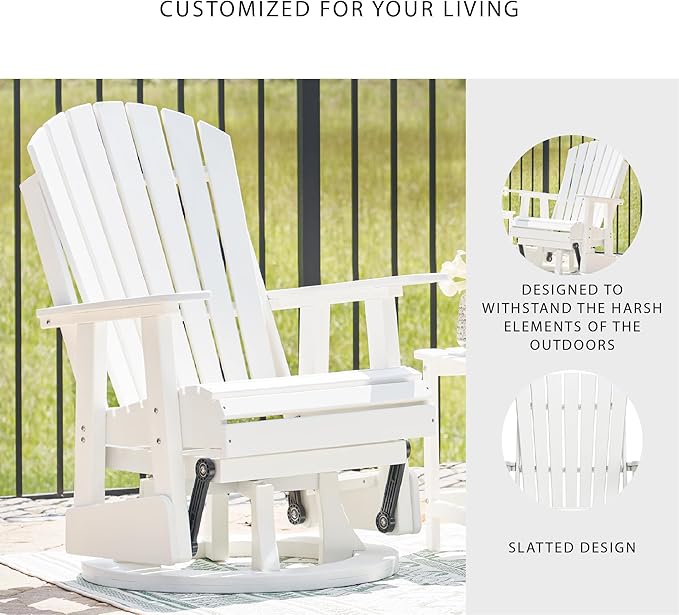 Signature Design by Ashley Hyland Wave Outdoor Casual Swivel Glider Adirondack Chair with 360-Degree Swivel, Weather Resistant HDPE, 18" Seat Height, White