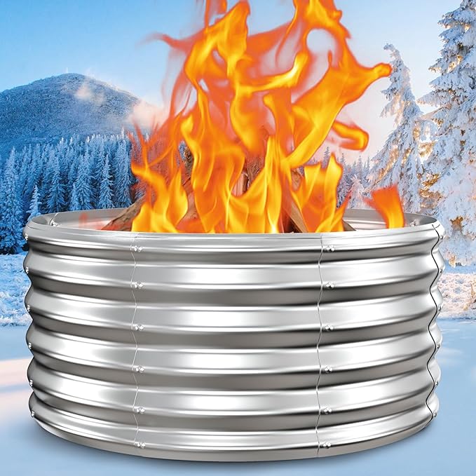 32In Fire Pit Ring, 17'' Tall Heavy Duty Galvanized Steel Wood Burning Fire Pits Insert, DIY In Ground or Above Ground, Outdoor Firepit & Fireplace for Backyard Bonfire, Patio & Camping