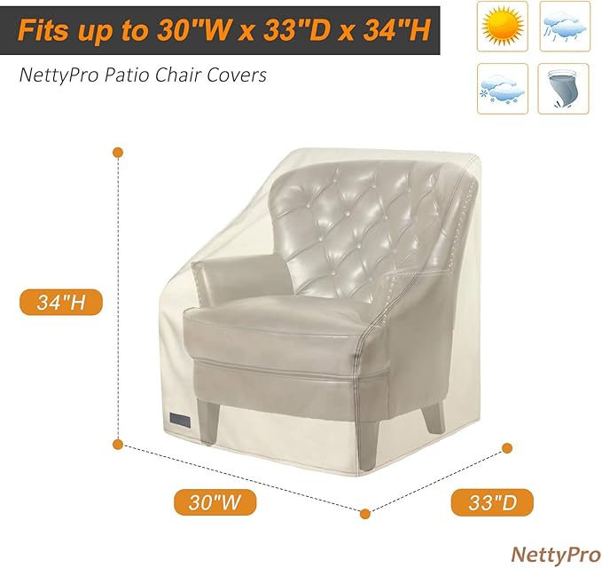 NettyPro Patio Chair Covers for Outdoor Furniture 4 Pack, Waterproof Heavy Duty Lawn Patio Furniture Cover Deep Seat Dining Chair Covers, 30W x 33D x 34H inches, Beige