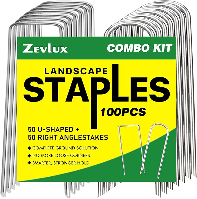 Landscape Staples 4 Inch, 100PCS Combo Kit – 50 U-Shaped & 50 Right Angle Galvanized Garden Stakes for Weed Barrier, Lawn & Garden Fixing