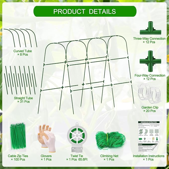 Cucumber Trellis for Raised Bed, U-Shape Garden Trellis for Climbing Plants Outdoor, Adjustable Metal Arch Vegetables Trellis with Climbing Net for Tomato, Bean, Grape, Zucchini