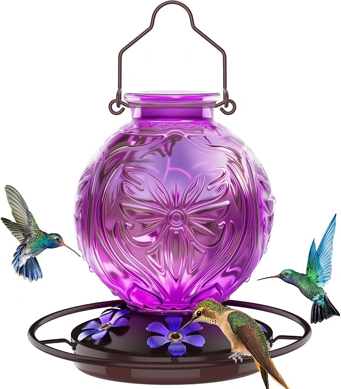 Glass Hummingbird Feeder for Outdoors Hanging, 25Oz Humming Bird Nectar Feeders with Perch & 5 Flower Feeding Ports, Leak Proof for Outside Garden Decor, Gifts for Women (Purple)