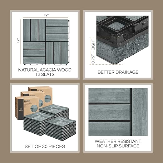 Deck Tiles, Patio Flooring - Outdoor Waterproof Acacia Wood Tiles for All Weather Use - Balcony, Backyard, Indoor & Outdoor (Grey Crossed Pattern, 30 Pcs - 30 Square Ft)