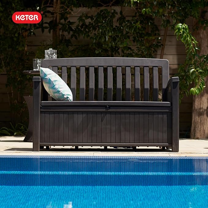 Keter 60 Gallon Storage Bench Deck Box for Patio Furniture, Front Porch Decor and Outdoor Seating – Perfect to Store Garden Tools