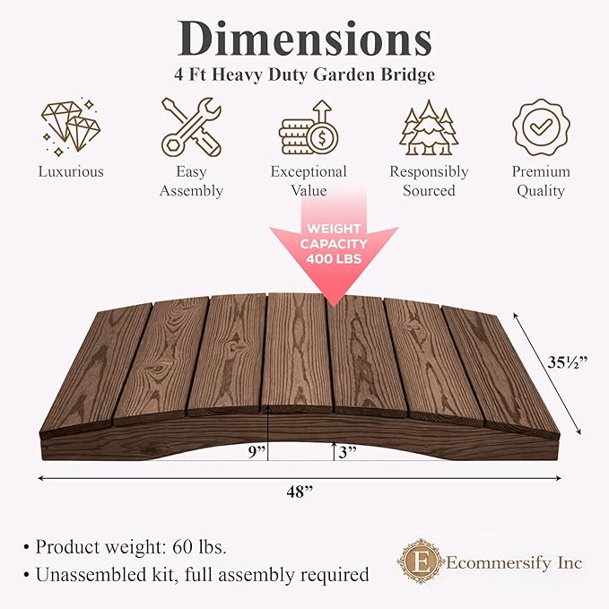 4 FT WALNUT Amish Made Pinewood Heavy Duty Garden Bridge for Walkway, Backyard Pond & Landscaping, Outdoor Wooden Footbridge for Koi Pond, Japanese Style Decorative Bridge, Made in USA