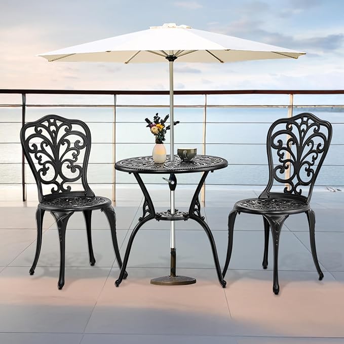 VINGLI 3 PCS Outdoor Bistro Set, Outdoor Patio Set, All-Weather Cast Aluminum Bistro Table Set, Bistro Table and Chairs Set of 2 for Backyard, Garden, Balcony (Black, Butterfly)