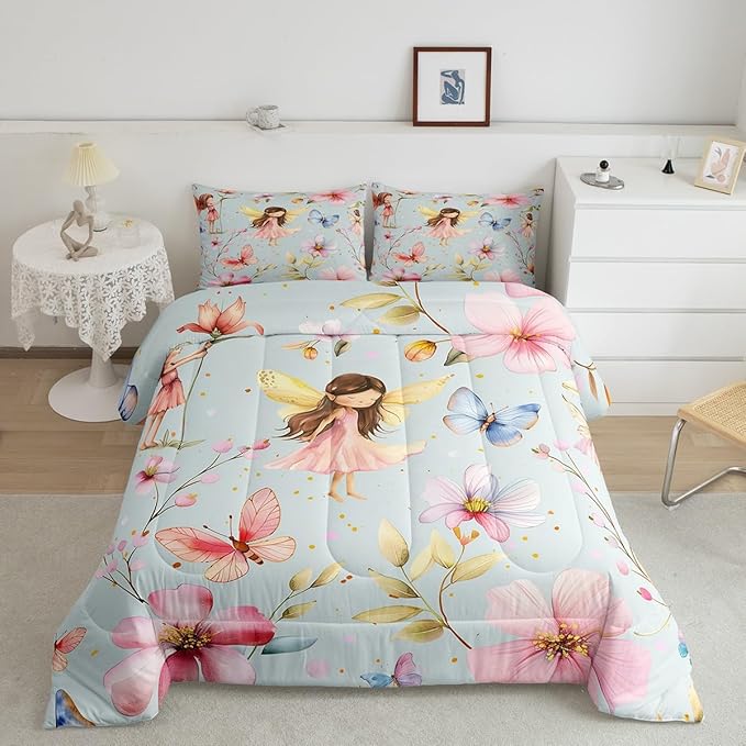 Erosebridal Floral Fairy Full Bedding Set,Dreamy Fairy Garden Comforter Set for Girls Kids,Cute Butterfly Flower Comforter,Pink Girly Princess Bedroom Room Decor,2 Pillowcases Breathable