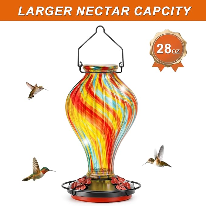 Hummingbird Feeders for Outdoors – Hand Blown Glass Outdoor Hanging Humming Bird Feeder with Ant Moat, 28 Ounces,Leakproof, Easy to Clean, Red Decorative Gift for Garden,Patio,Yard,Mom or Gardener