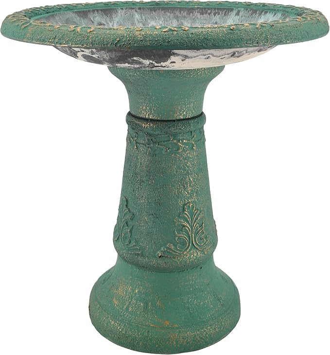 Arcadia Garden Products BB04 Fiberclay Bird Bath Outdoor Garden Decor, Antique Vintage Weather Resistant Water Bowl for Backyard and Patio and, 20-inch Tall, Green