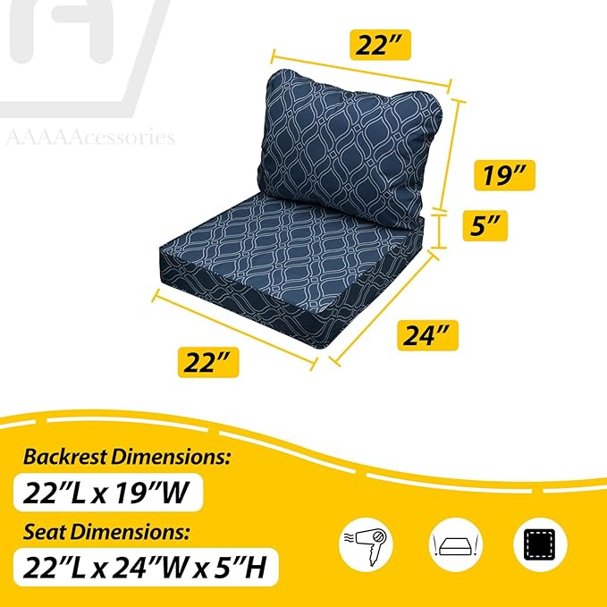 AAAAAcessories Outdoor Seat Cushions for Chairs, Fade-Resistant, Waterproof Patio Furniture Replacement Cushions, 22" x 24" x 5" + 22" x 19", Slate Blue Vine Trellis
