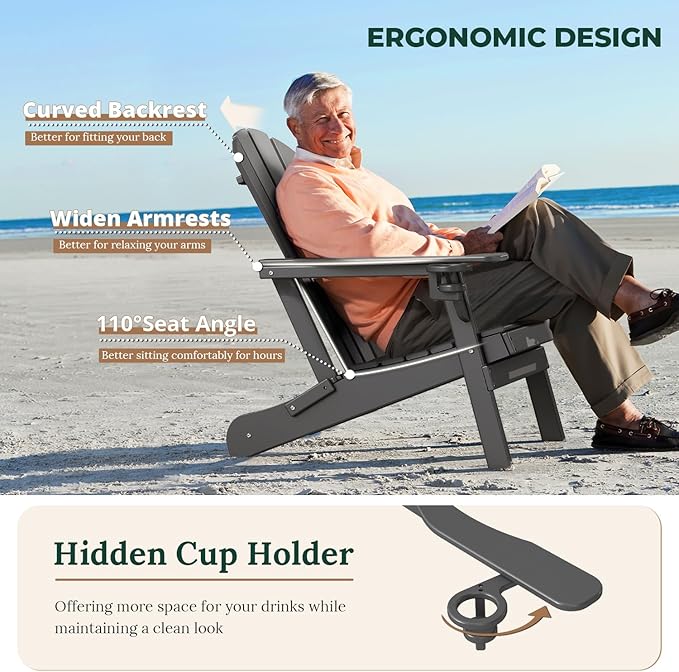 BRIOPAWS Folding-Adirondack-Chairs Set of 4 | HDPE Plastic | Fire Pit Chair | Cup Holder | Curved Back | All Weather | for Outdoor Backyard Deck Patio | Grey