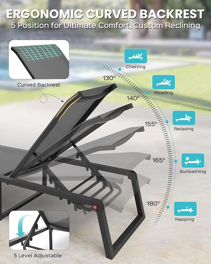 Aluminum Patio Chaise Lounge Set of 2 with 1 Side Table, Foldable Outdoor Pool Lounge Chairs 5-Position Recliner for Outside Poolside, Fully grounded legs Sun Lounger for Beach, Yard, Dark Grey