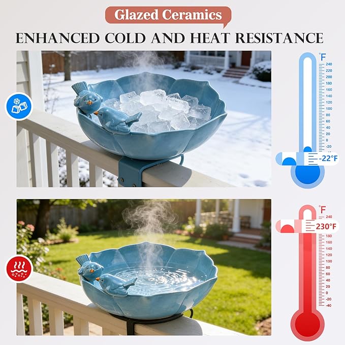 Ceramic Bird Bath for Outdoors, 10.1” Hand-Painted Glazed Ceramic Bird Baths Bowls and Feeders for Outside, UV/Frost-Resistant Finish Ground Garden Table Top Bird Baths Decor for Patio Yard Home Blue