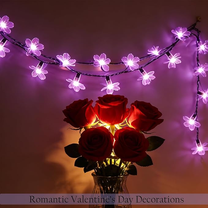 Purple Flower Fairy String Lights on Black Wire, Plug in Connectable 33FT 100 LED Waterproof with 8 Modes for Indoor Outdoor Christmas, Valentine's Day, Wedding Party & Patio Balcony Ambiance