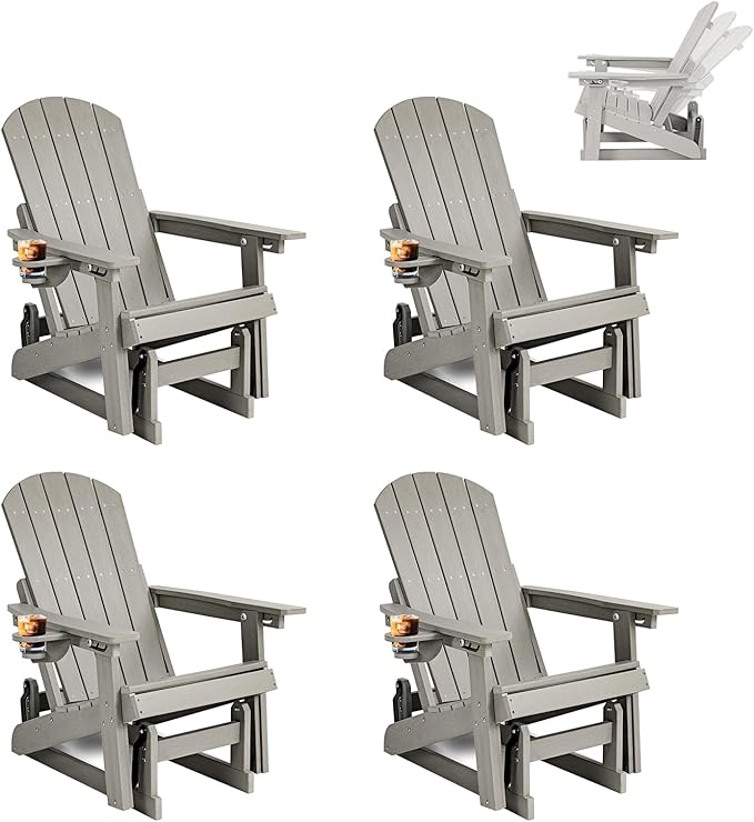 3-Position Adjustable Adirondack Chair with Cup Holder Set of 4, HDPE All-Weather Outdoor Glider Chair, Wood-Grain Fire Pit Chairs for Pool, Yard, Deck (Grey)