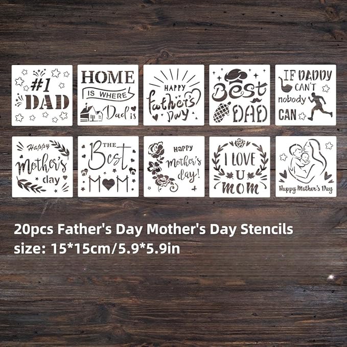 20 pcs Mother's Day Stencils Reusable, 6x6 Mother's Day Father's Day Theme Stencils for Painting, Drawing Spraying Template for Greeting Cards, Wall Window Door DIY Decoration (H-20PCS)