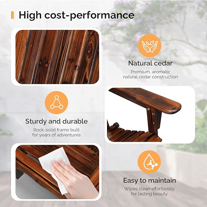 VINGLI Folding Adirondack Chair, Wood Adirondack Chairs for Outdoor, Foldable Fire Pit Chairs for Patio, BBQ, Porch, Yard, Pool, Carbonized