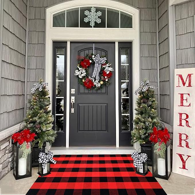 Red and Black Plaid Rug, 3'x5' Check Outdoor Front Door Decorative Mat, Cotton Woven Rug for Layered Door Mats Washable Carpet for Porch, Entryway, Farmhouse, Christmas, Halloween