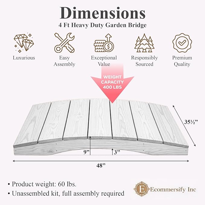 4 FT White Amish Made Pinewood Heavy Duty Garden Bridge for Walkway, Backyard Pond & Landscaping, Outdoor Wooden Footbridge for Koi Pond, Japanese Style Decorative Bridge, Made in USA
