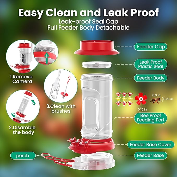Soliom Hummingbird Feeder with Camera, Smart Feeder Camera Solar Powered with 2K Live View AI Identify, Leak Proof & Ant Moat & Bee Proof, Outdoor Pole/Hook Hanging, 16 OZ Ideal Gifts for Family-Red