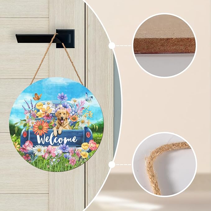 Spring Welcome Door Sign Flower Truck with Retriever Dog Door Hanger Summer Floral Butterfly Decorative Hanging Porch Signs for Wall Outdoor