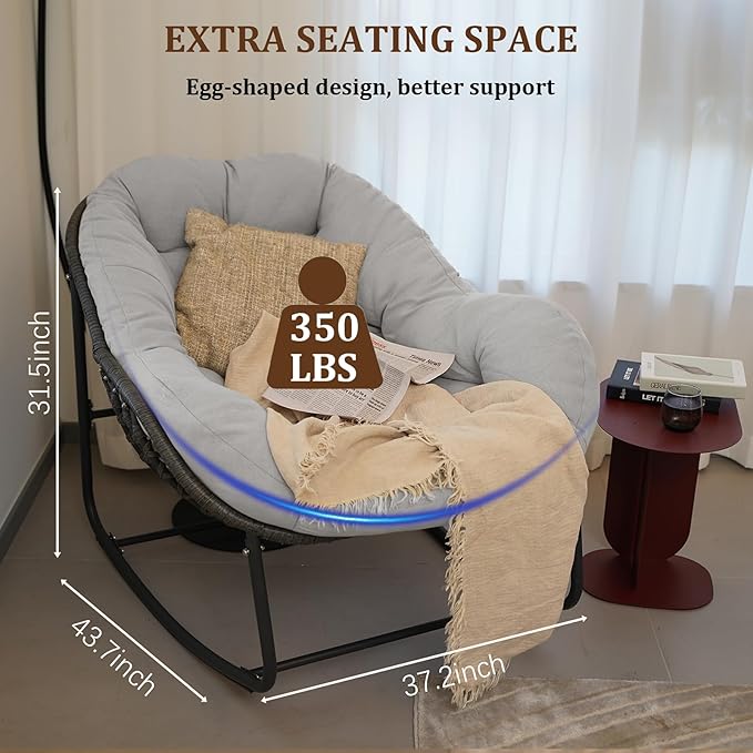Oversized Rocking Chair Outdoor, Rocking Papasan Chair, Patio Egg Chair with Padded Cushion, Outdoor Wicker Rocking Chair for Front Porch, Garden, Patio (Light Grey, 1 Piece)