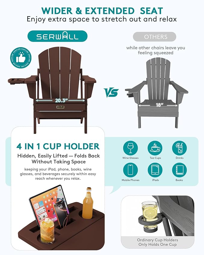 SERWALL Folding Adirondack Chair for Outdoor, Paito Adirondack Chairs with 4 in 1 Cup Holder, All-Weather Patio Chairs with Wood Texture, Fire Pit Chairs for Deck Porch Garden Poolside -Coffee
