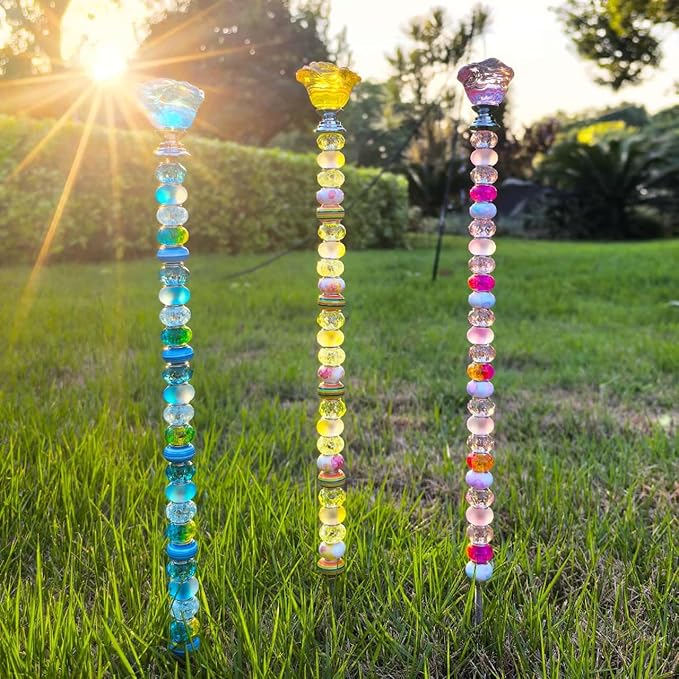 255Pcs Fairy Garden Accessories Outdoor Kit for Different Holidays, Fairy Wand Garden Stake Beads Kits with Large Hole Beads and Crystal Flowers, Beaded Garden Stake Kit (Crystal Flower)