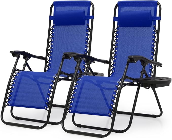 Zero Gravity Chairs, Portable Folding Reclining Lounge Chairs with Adjustable Pillow and Cup Holder Trays for Outdoor, Patio, Beach, Camping, Garden, Poolside, Set of 2 Royal Blue