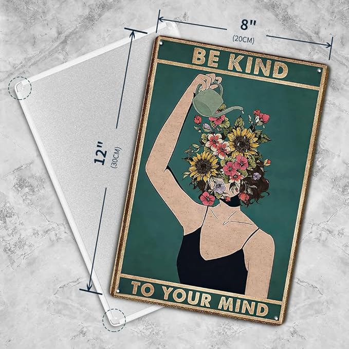 Hippie Room Decor Metal Vintage Tin Sign Be Kind to Your Mind, Funky Decor Retro Wall Art, Funny 12x8 Inches Retro Wall Decor Sign, Land Lady Gift, Floral Woman Gift for Plant Lovers