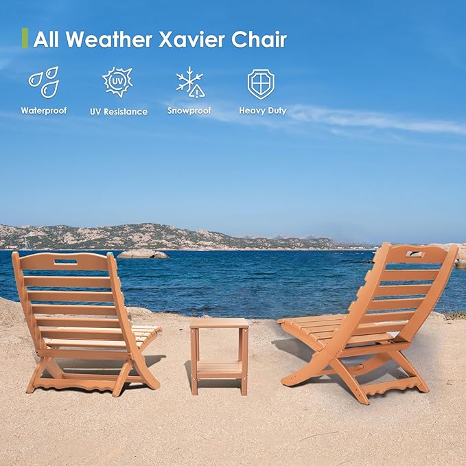 GREENVINES Folding-Xavier-Chairs Set of 4 | Wave | Portable Adirondack-Chair | HDPE Plastic | All Weather Fire-Pit Chair | Teak | for Beach Outdoor Deck Poolside Garden Patio Porch Fishing