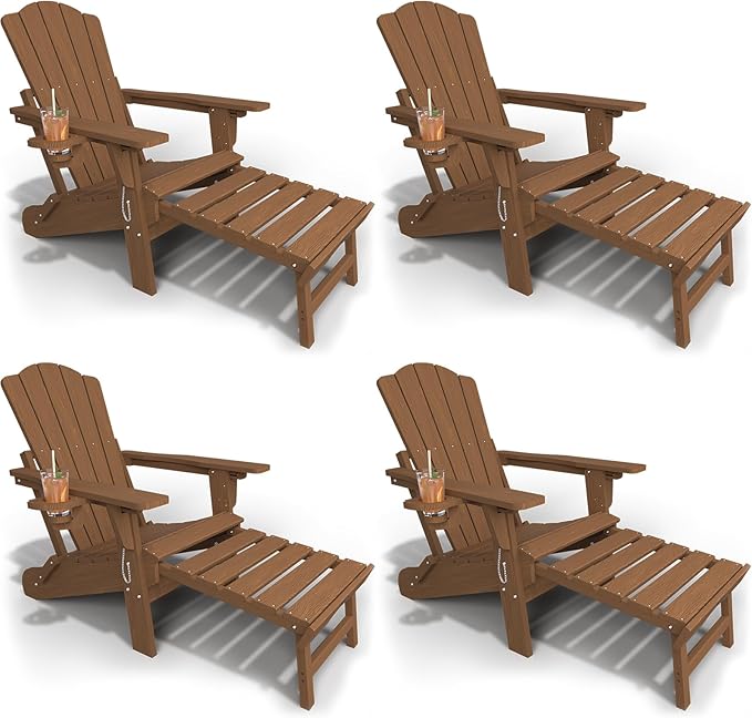 Folding Adjustable Adirondack Chairs with Ottoman & 1 Cup Holders Set of 4, HDEP Multifunctional Adirondack Chair with Footrest,Wood