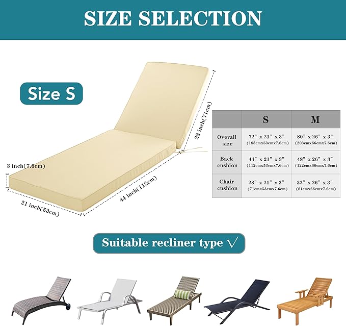 Outdoor Chaise Lounge Cushion Set of 2, Fadesafe Water-Repellent Lounge Deck Reclining Chair Cushions for Patio Furniture Lawn Pool Resort Hotel, 72x21x3 Inch, Beige